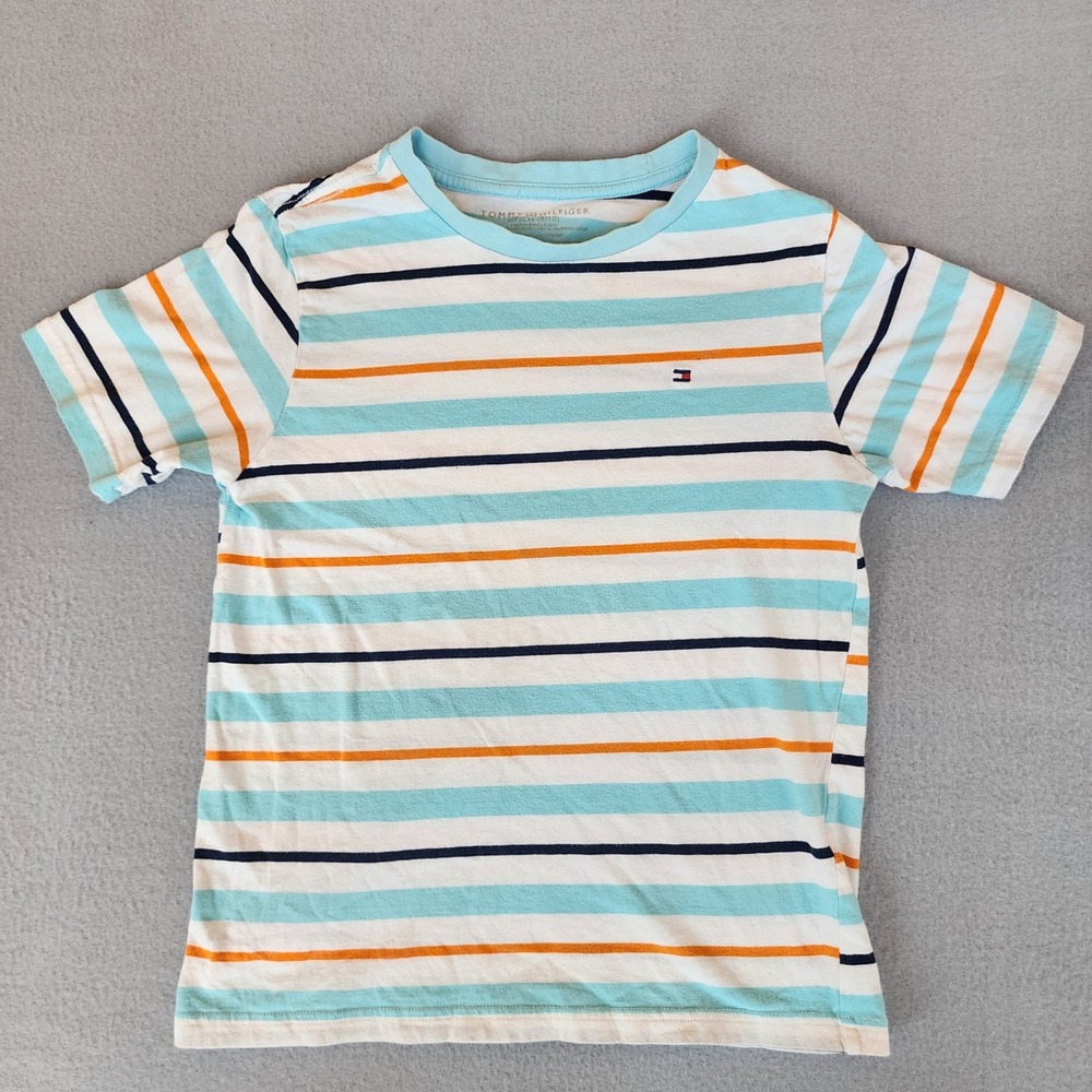 Tommy Hilfiger Girls Striped T-Shirt Turquoise Orange White Cotton Tee e